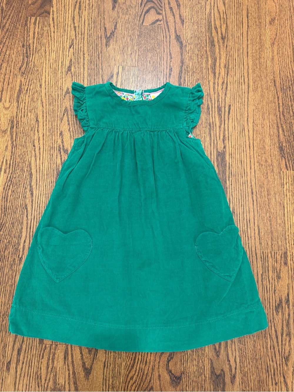 Mini Boden Emerald Green Corduroy Ruffle-Sleeve Dress with Heart Pockets